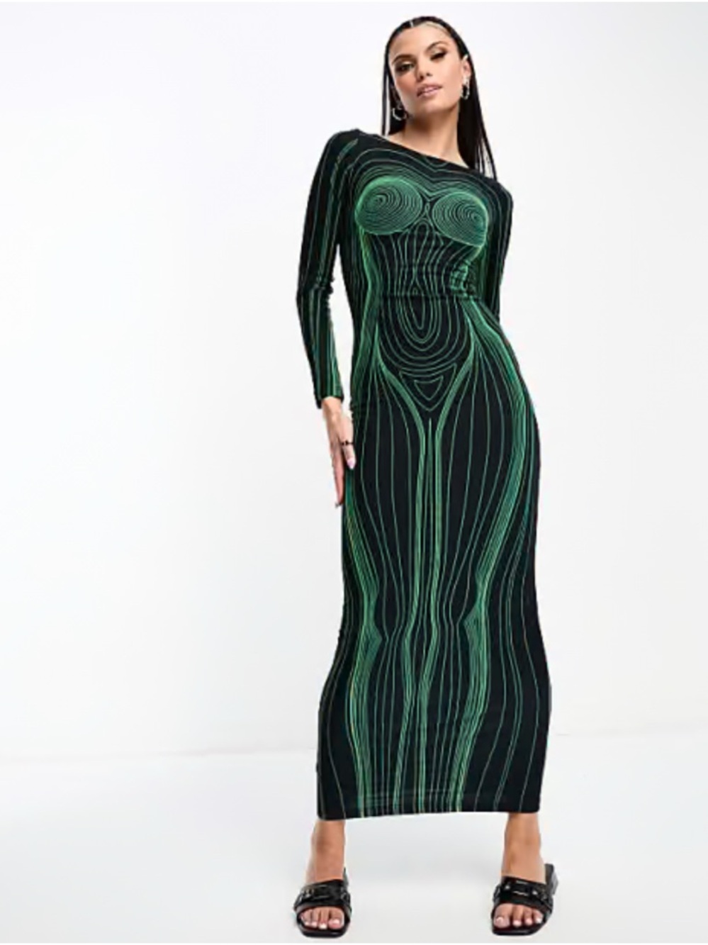 Body Illusion Black and Green Long Sleeve Bodycon Maxi Dress